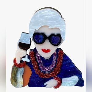NWOT Acrylic Brooch 'Iris Apfel Look-Alike' Ecentric Lady 2.5x2.5"